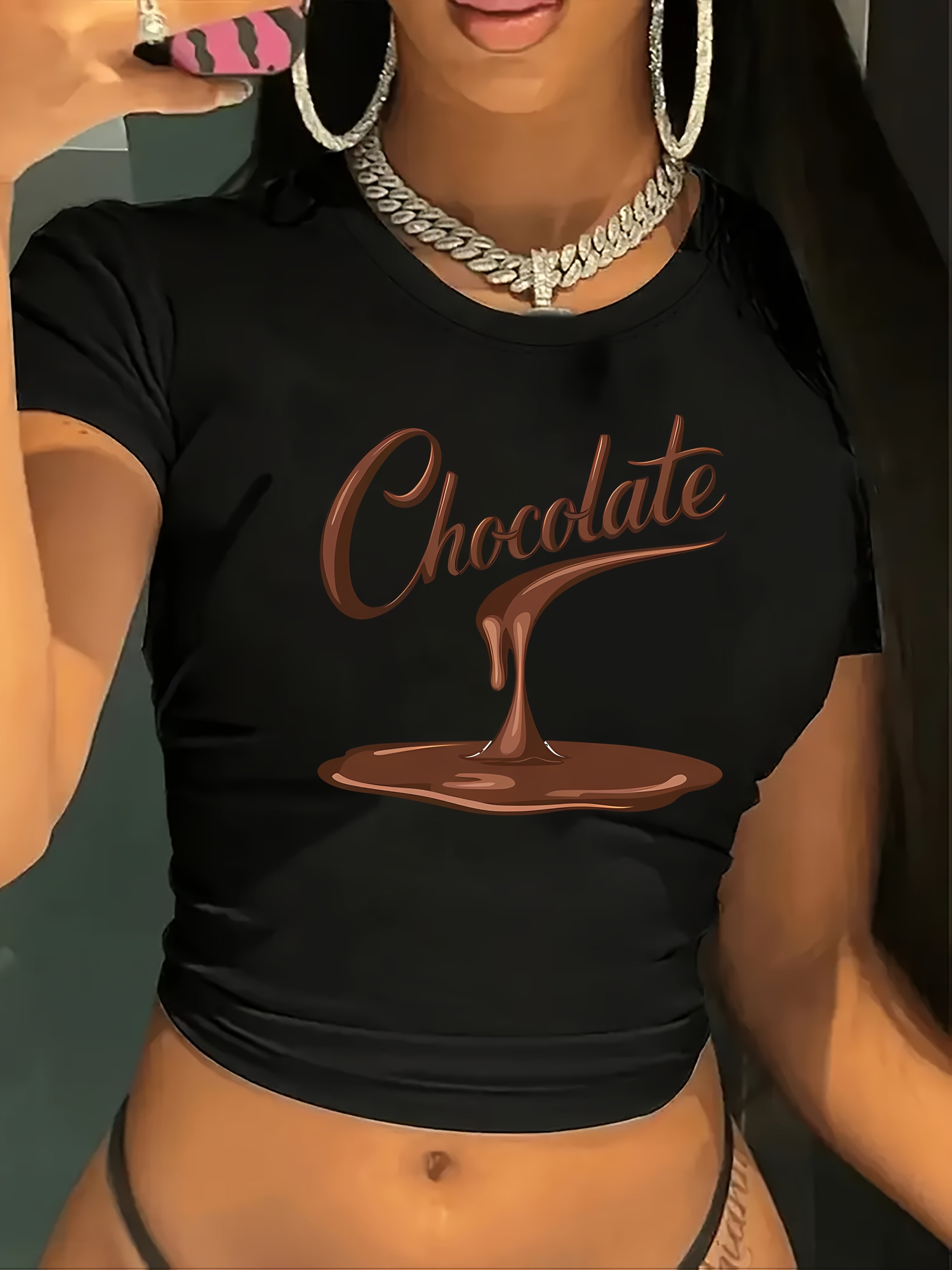 Women'S Y2K-Inspired "Chocolate" Graphic Tee - Black Short Sleeve Crew Neck T-Shirt with Playful Design, Perfect for Spring & Summer, Casual Wear|Chocolate Theme|Short Sleeve Shirt
